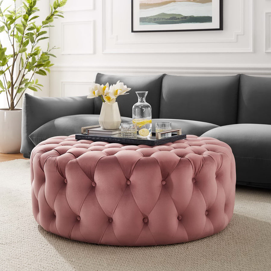Alder Tufted Button Large Round Performance Velvet Ottoman in Dusty Rose