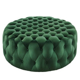 Alder Tufted Button Large Round Performance Velvet Ottoman in Emerald
