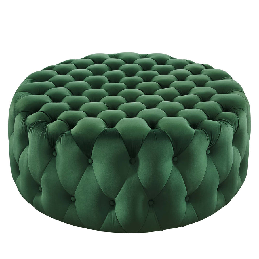 Alder Tufted Button Large Round Performance Velvet Ottoman in Emerald