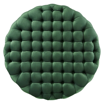 Amour Tufted Button Large Round Performance Velvet Ottoman in Emerald