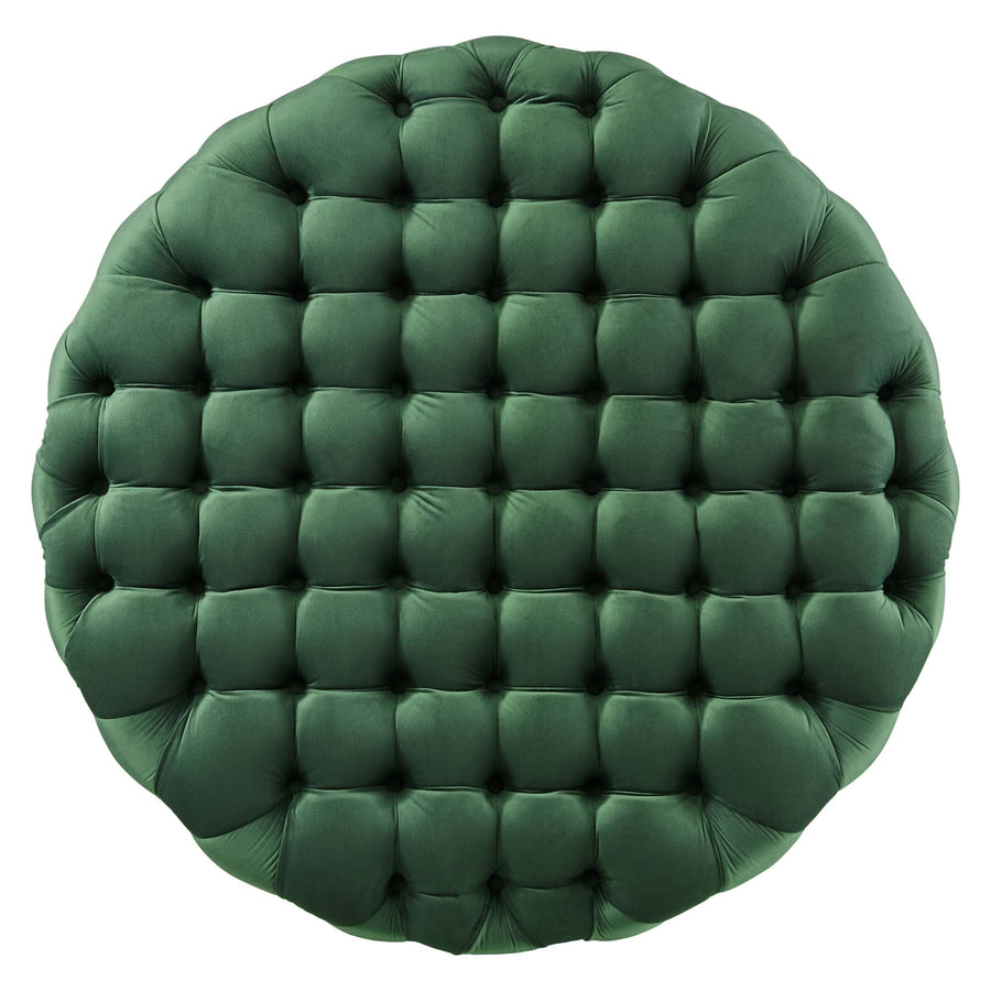 Alder Tufted Button Large Round Performance Velvet Ottoman in Emerald