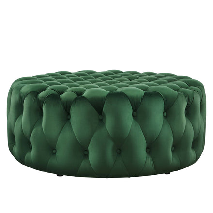 Amour Tufted Button Large Round Performance Velvet Ottoman in Emerald
