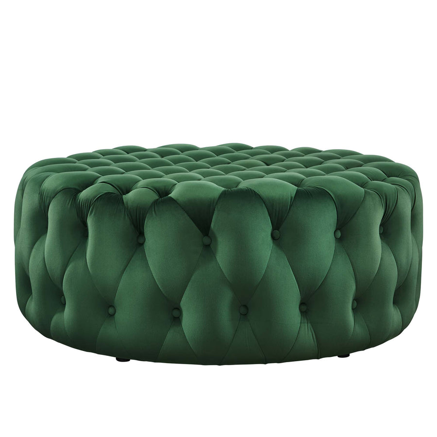 Alder Tufted Button Large Round Performance Velvet Ottoman in Emerald