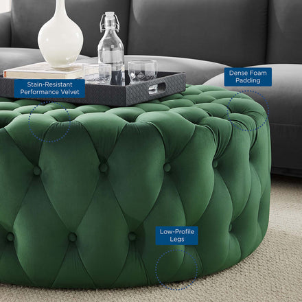 Amour Tufted Button Large Round Performance Velvet Ottoman in Emerald