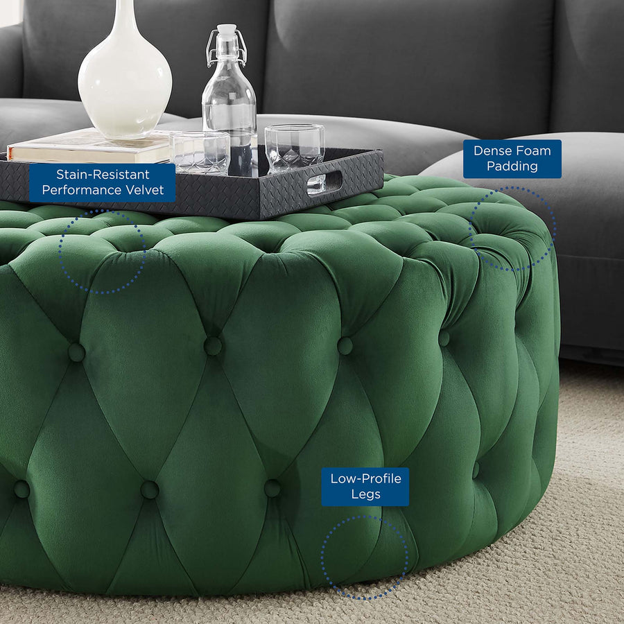 Alder Tufted Button Large Round Performance Velvet Ottoman in Emerald