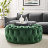 Alder Tufted Button Large Round Performance Velvet Ottoman in Emerald