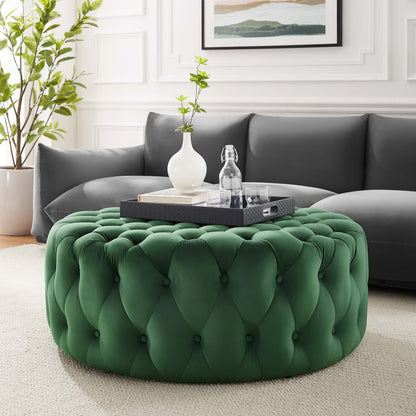 Amour Tufted Button Large Round Performance Velvet Ottoman by Furniture For America