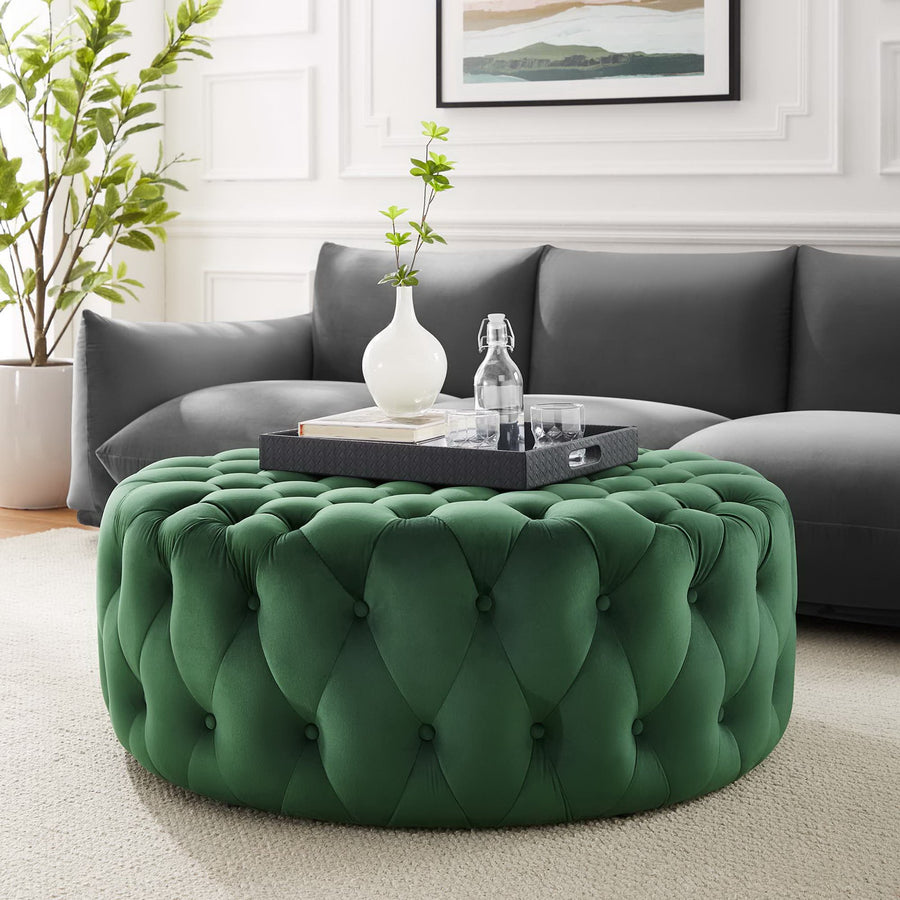 Alder Tufted Button Large Round Performance Velvet Ottoman in Emerald
