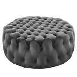 Alder Tufted Button Large Round Performance Velvet Ottoman in Gray