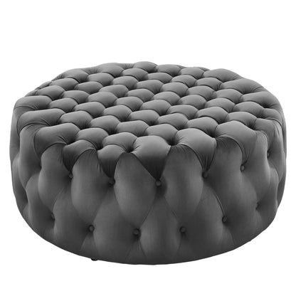 Amour Tufted Button Large Round Performance Velvet Ottoman by Furniture For America