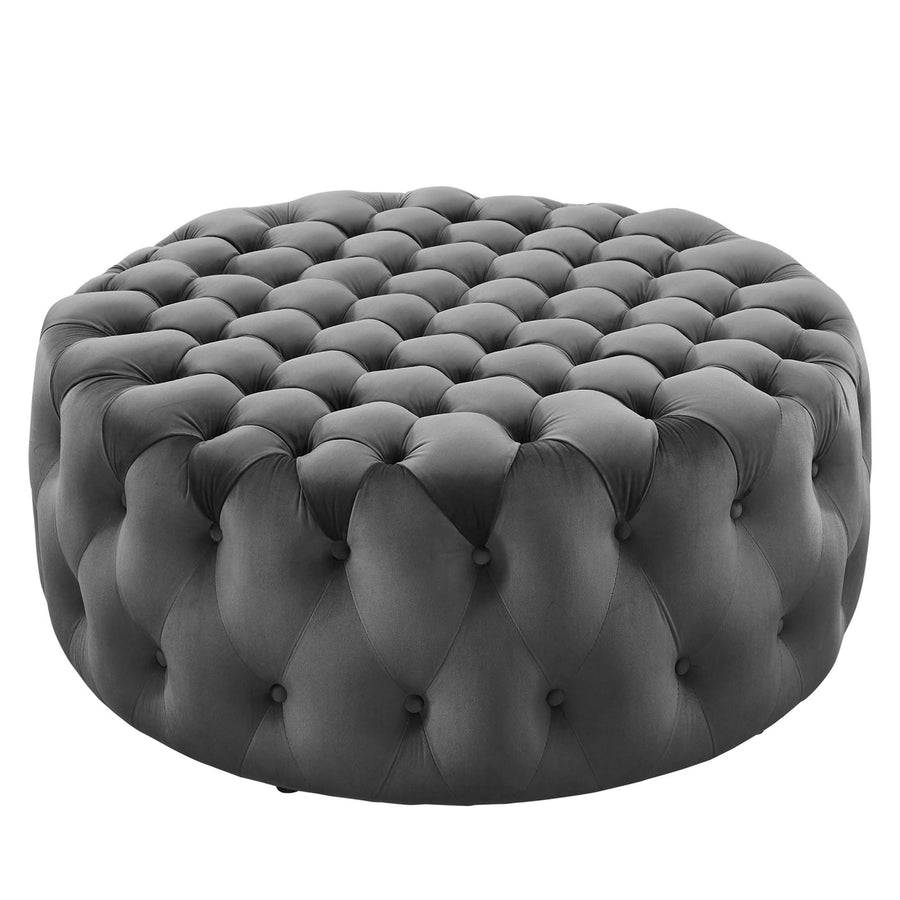 Alder Tufted Button Large Round Performance Velvet Ottoman in Gray
