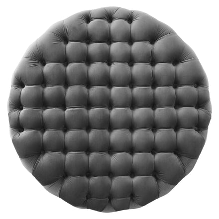 Amour Tufted Button Large Round Performance Velvet Ottoman in Gray
