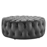 Alder Tufted Button Large Round Performance Velvet Ottoman in Gray