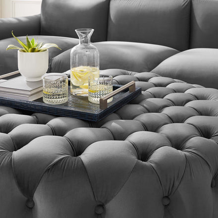 Amour Tufted Button Large Round Performance Velvet Ottoman in Gray