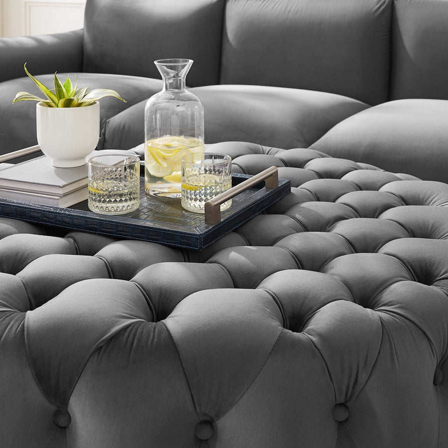 Alder Tufted Button Large Round Performance Velvet Ottoman in Gray