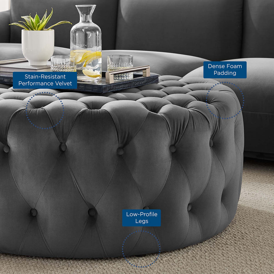 Alder Tufted Button Large Round Performance Velvet Ottoman in Gray