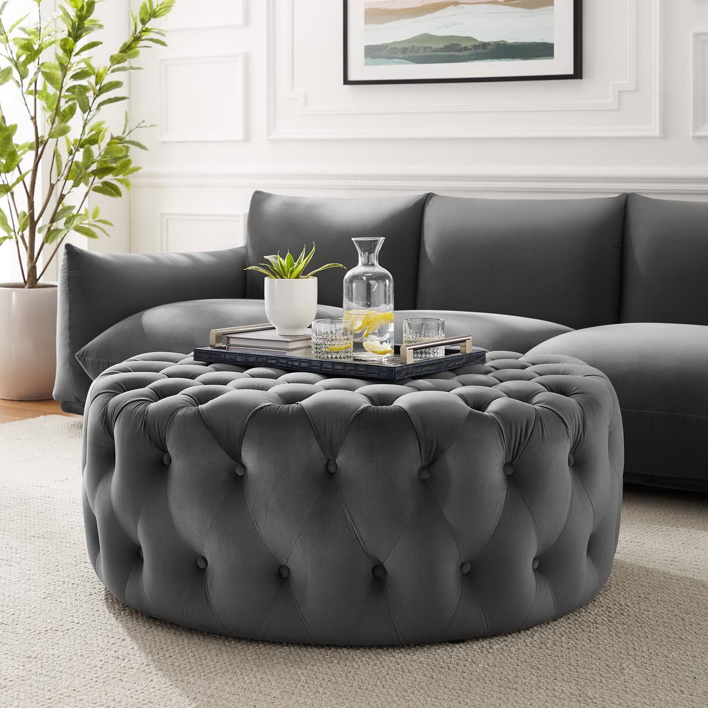Amour Tufted Button Large Round Performance Velvet Ottoman by Furniture For America