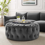 Alder Tufted Button Large Round Performance Velvet Ottoman in Gray