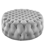 Alder Tufted Button Large Round Performance Velvet Ottoman in Light Gray