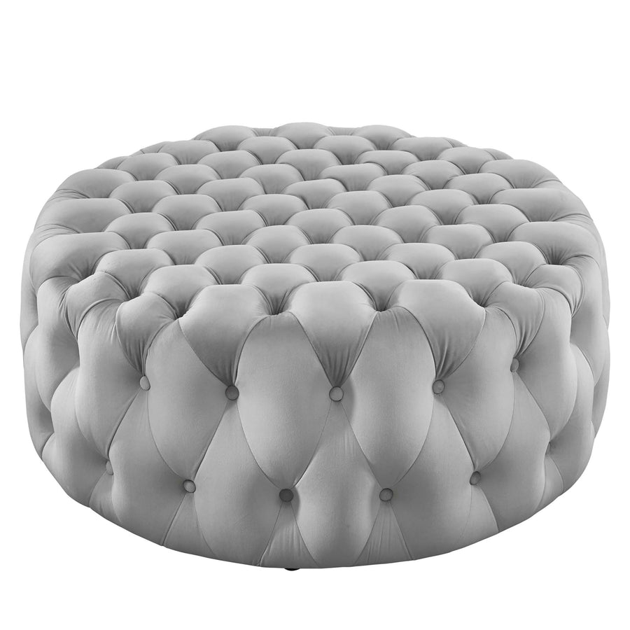 Alder Tufted Button Large Round Performance Velvet Ottoman in Light Gray