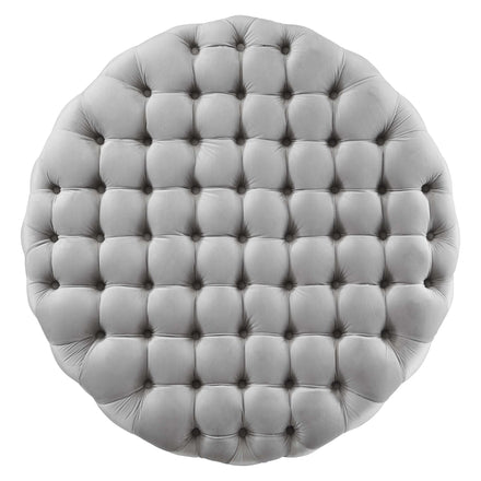 Amour Tufted Button Large Round Performance Velvet Ottoman in Light Gray