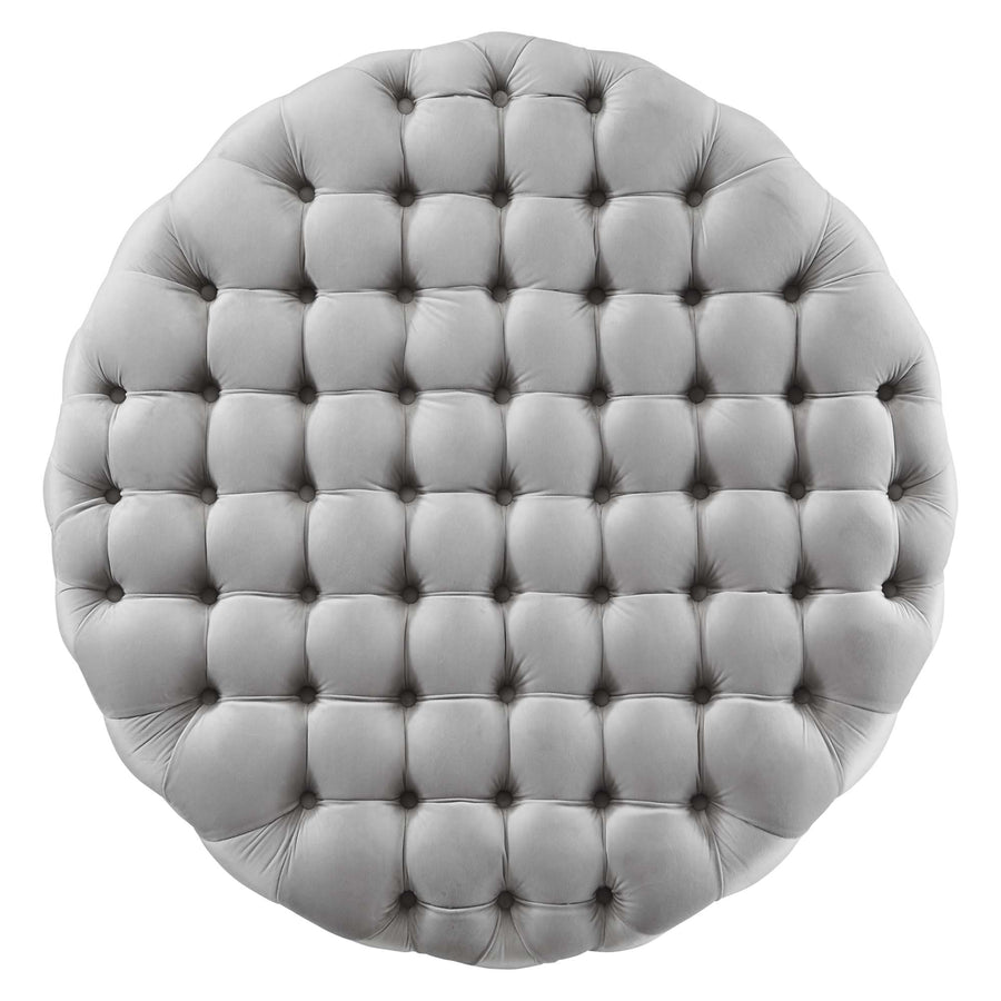 Alder Tufted Button Large Round Performance Velvet Ottoman in Light Gray