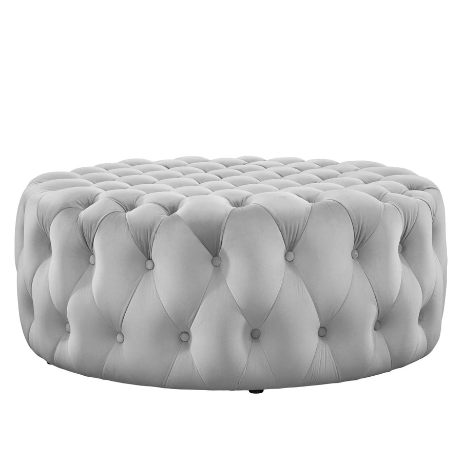 Alder Tufted Button Large Round Performance Velvet Ottoman in Light Gray