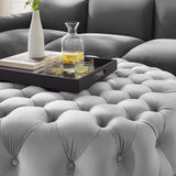 Alder Tufted Button Large Round Performance Velvet Ottoman in Light Gray