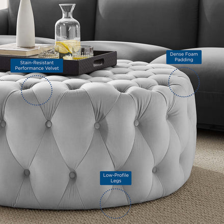 Amour Tufted Button Large Round Performance Velvet Ottoman in Light Gray