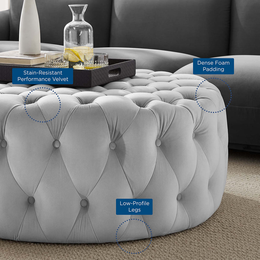 Alder Tufted Button Large Round Performance Velvet Ottoman in Light Gray