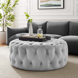 Alder Tufted Button Large Round Performance Velvet Ottoman in Light Gray
