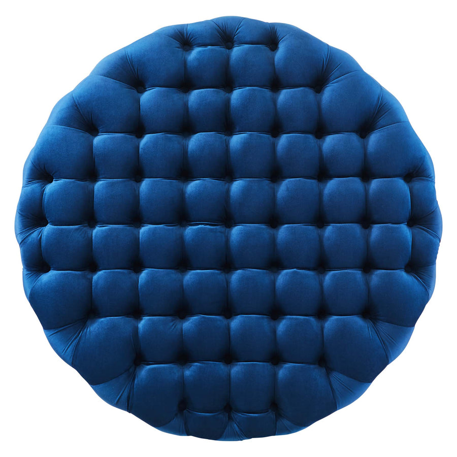 Alder Tufted Button Large Round Performance Velvet Ottoman in Navy