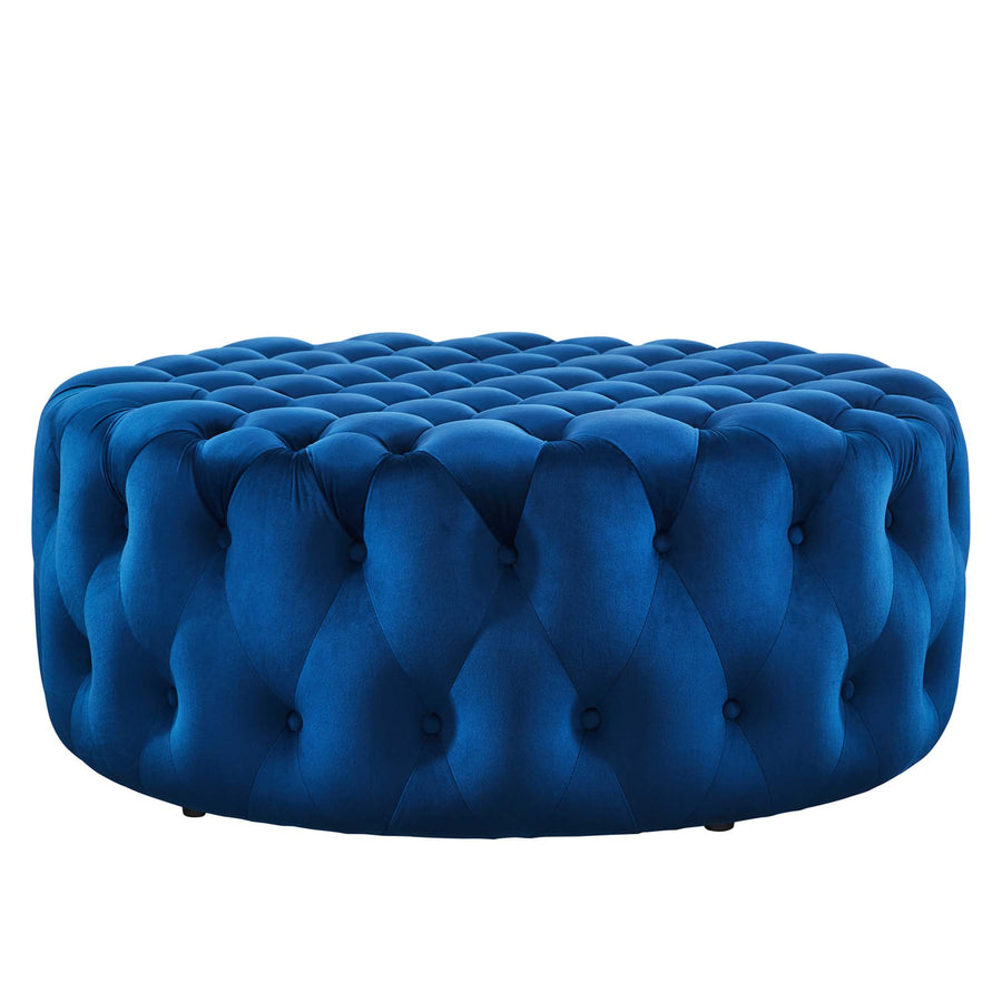 Alder Tufted Button Large Round Performance Velvet Ottoman in Navy