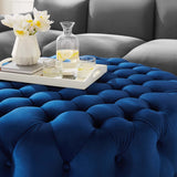 Alder Tufted Button Large Round Performance Velvet Ottoman in Navy