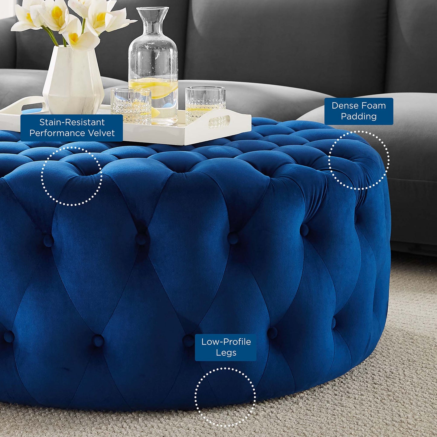 Amour Tufted Button Large Round Performance Velvet Ottoman by Furniture For America