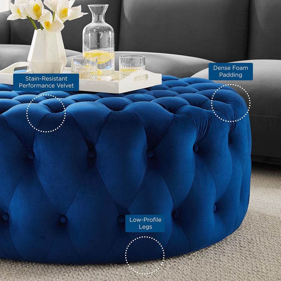 Alder Tufted Button Large Round Performance Velvet Ottoman in Navy