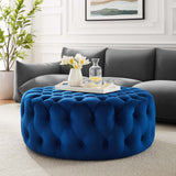 Alder Tufted Button Large Round Performance Velvet Ottoman in Navy
