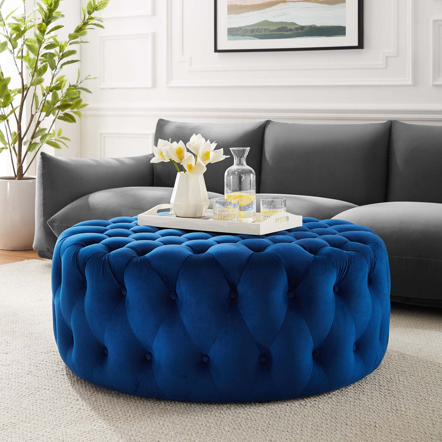 Alder Tufted Button Large Round Performance Velvet Ottoman in Navy