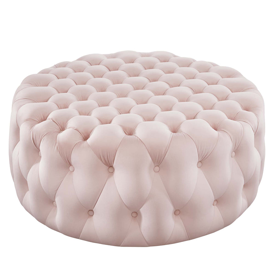 Alder Tufted Button Large Round Performance Velvet Ottoman in Pink