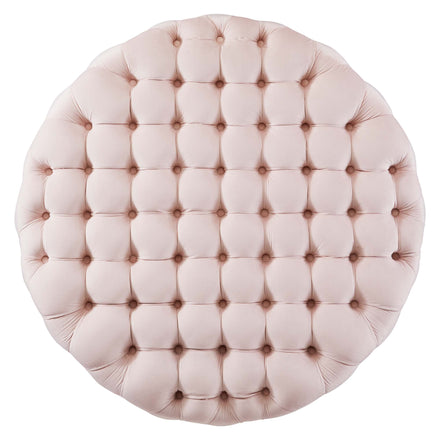 Amour Tufted Button Large Round Performance Velvet Ottoman in Pink