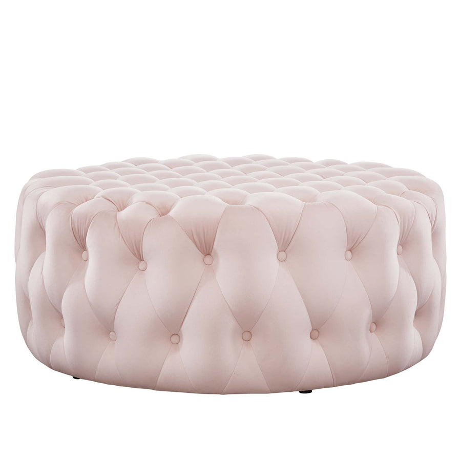 Alder Tufted Button Large Round Performance Velvet Ottoman in Pink