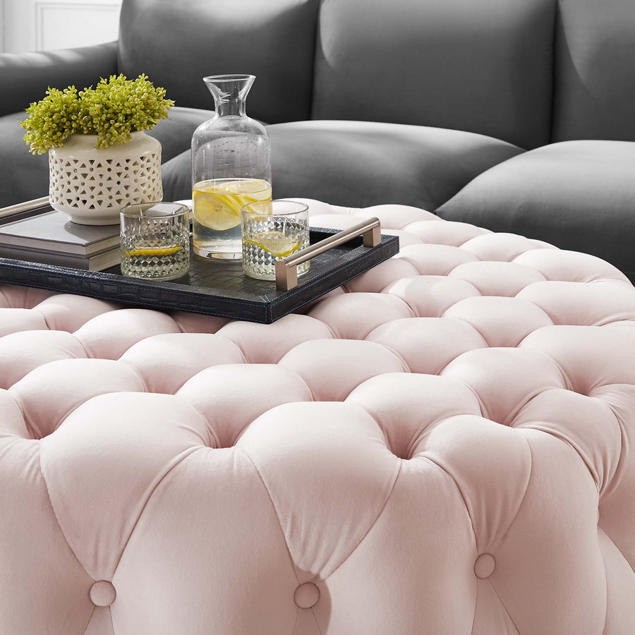 Alder Tufted Button Large Round Performance Velvet Ottoman in Pink
