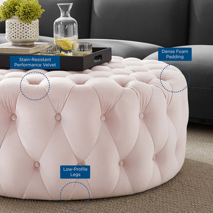 Amour Tufted Button Large Round Performance Velvet Ottoman by Furniture For America