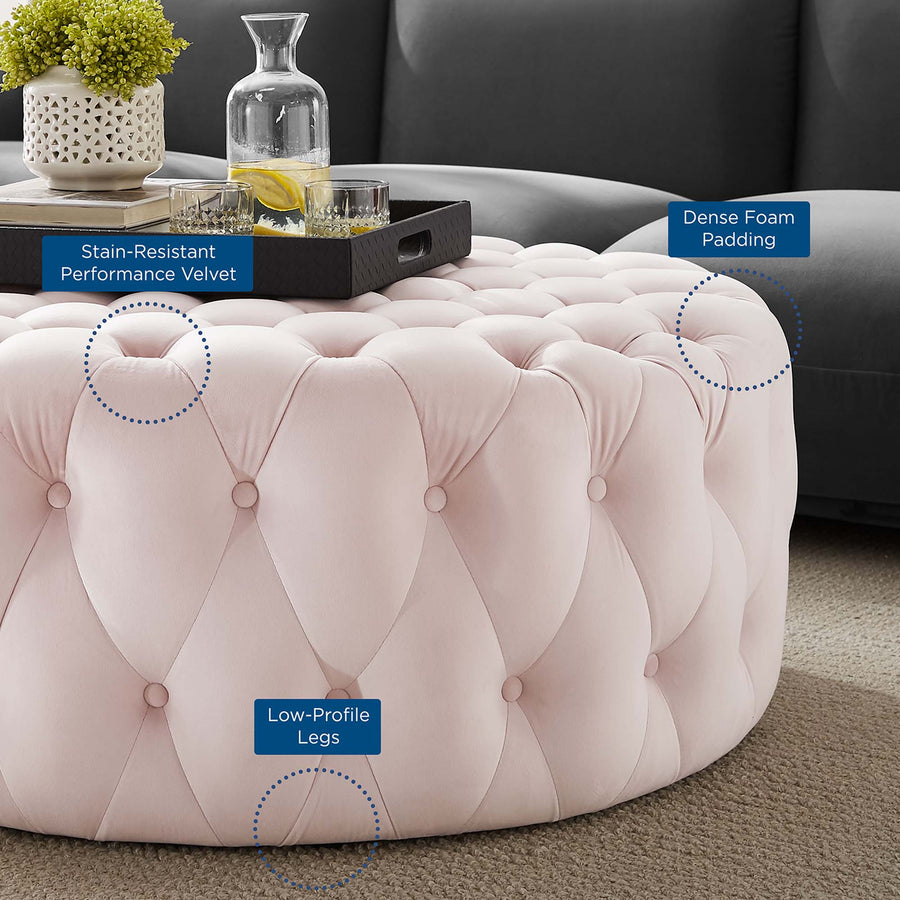 Alder Tufted Button Large Round Performance Velvet Ottoman in Pink