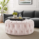 Alder Tufted Button Large Round Performance Velvet Ottoman in Pink
