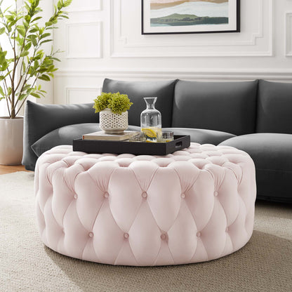 Amour Tufted Button Large Round Performance Velvet Ottoman by Furniture For America