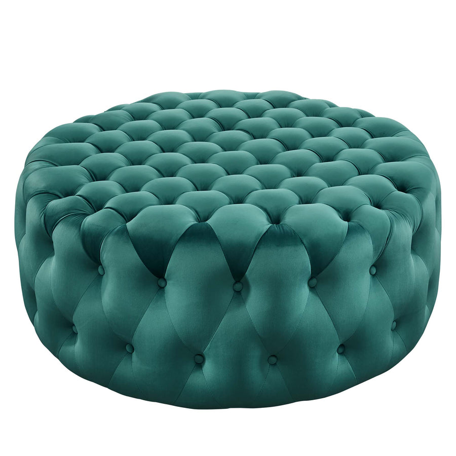 Alder Tufted Button Large Round Performance Velvet Ottoman in Teal