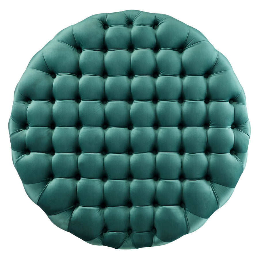 Alder Tufted Button Large Round Performance Velvet Ottoman in Teal