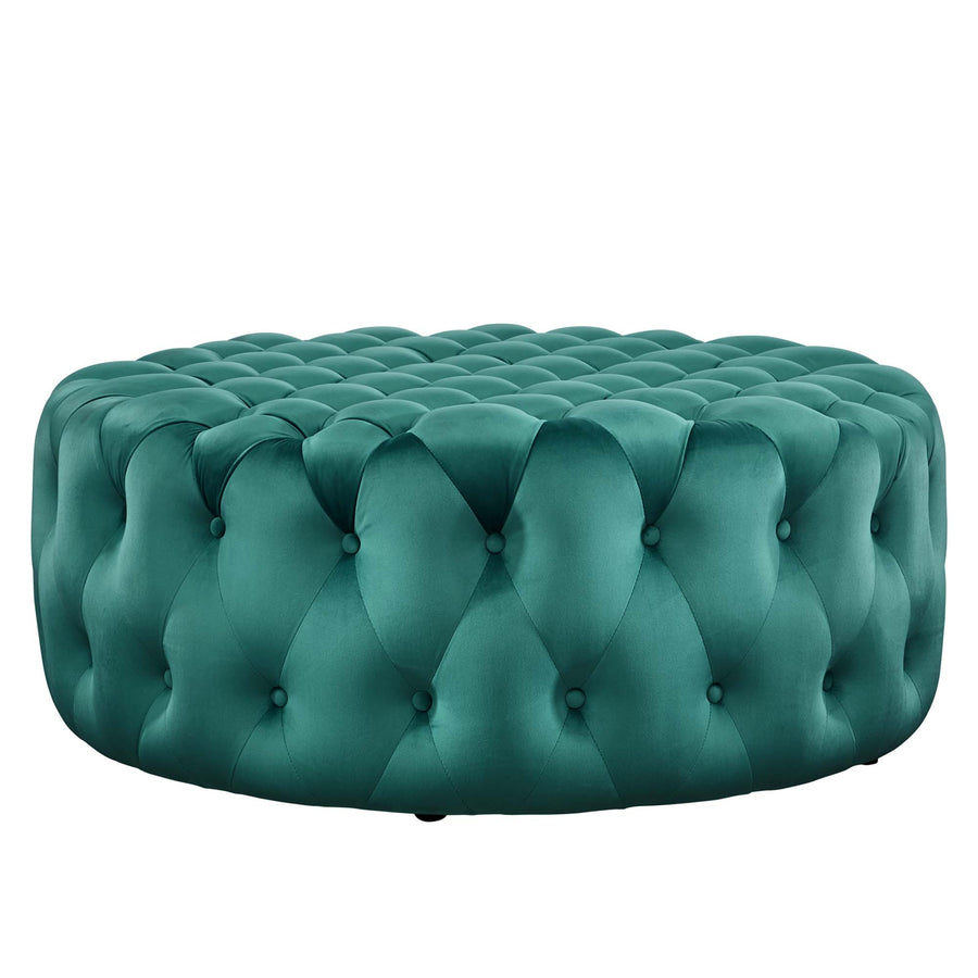 Alder Tufted Button Large Round Performance Velvet Ottoman in Teal