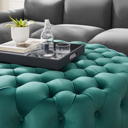 Amour Tufted Button Large Round Performance Velvet Ottoman in Teal